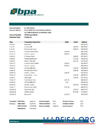 Printable Cuba Banco Popular de Ahorro (BPA) bank statement excel download for verification